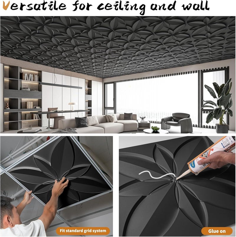 WOWSTAR 12-Pack 24"x24" Drop Ceiling Tiles, Waterproof Glue Up Ceiling Decor, Black - Image 2